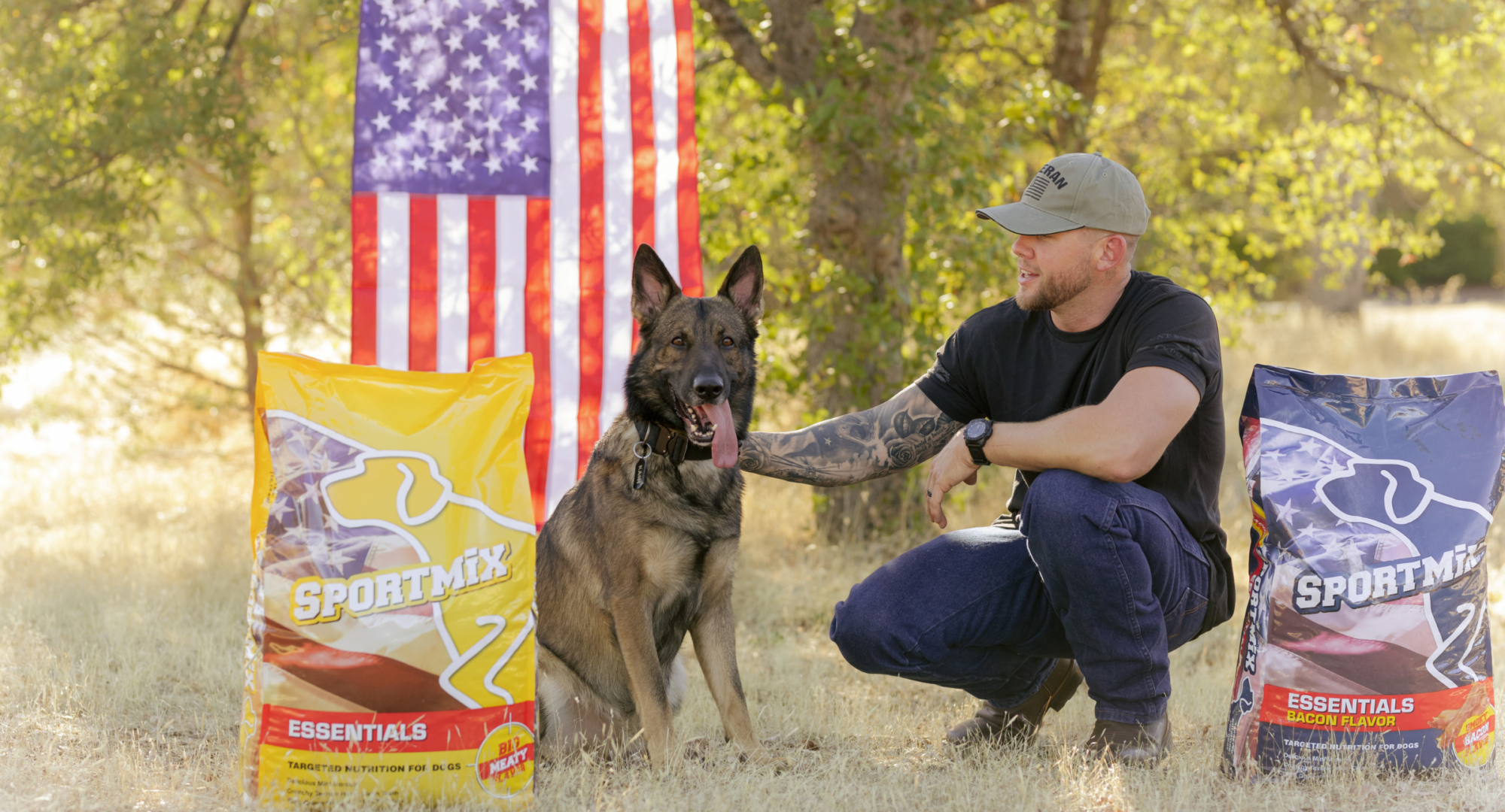 dog and human posing with SPORTMIX dog foods