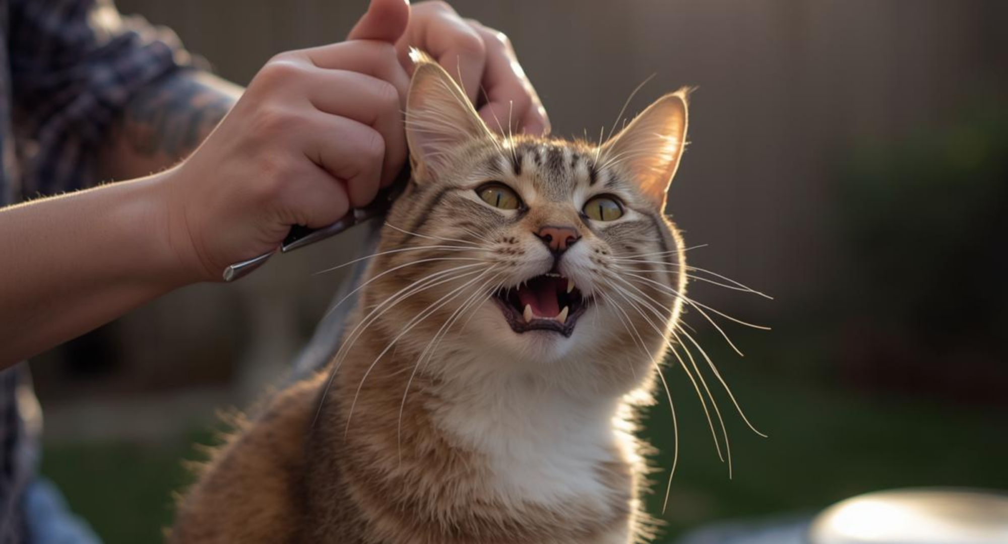 Checking outdoor cat for fleas and ticks in spring