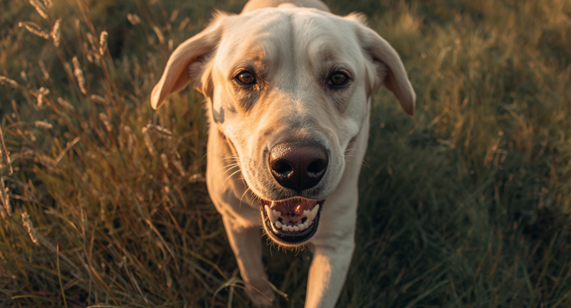 Labrador Retriever smiling up at the camera