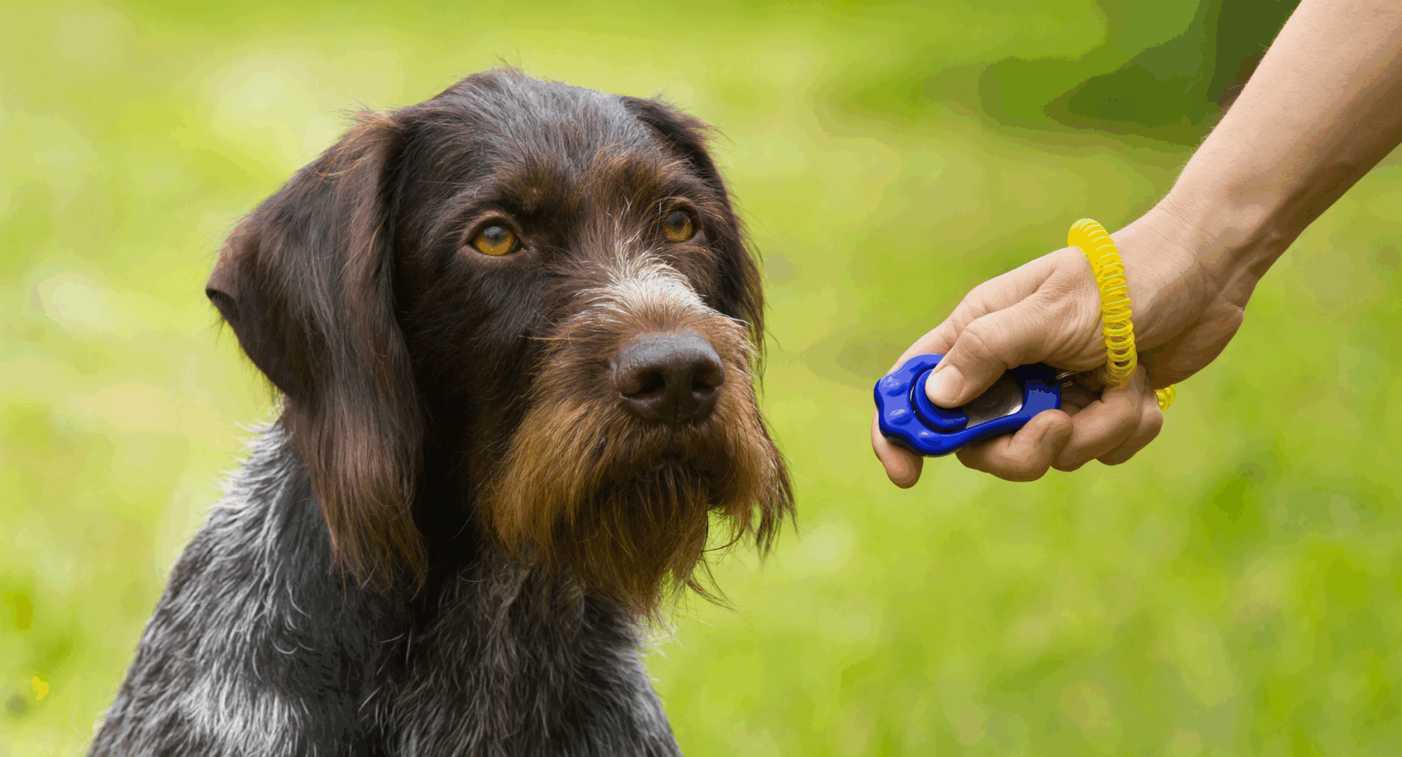 person clicks remote next to dog