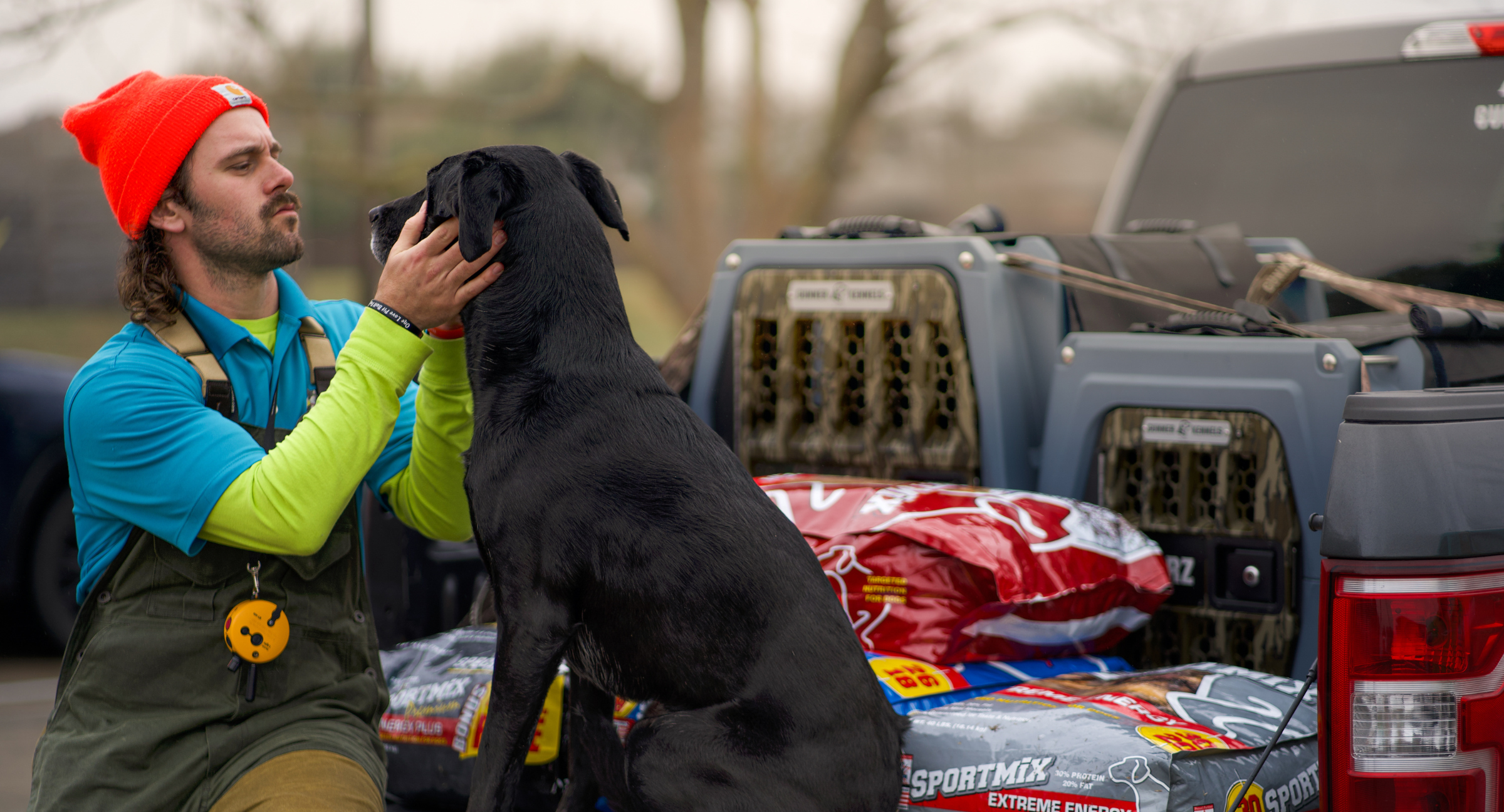 Hunter and gun dog on the bed of a truck