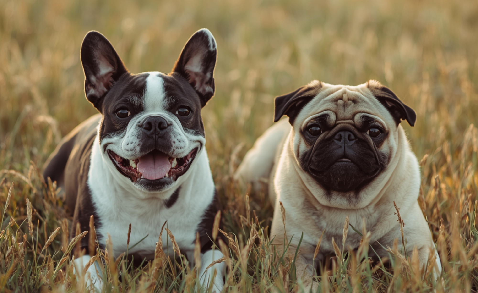 boston terrier and pug in a field of grass
